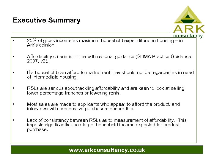 Executive Summary • 25% of gross income as maximum household expenditure on housing –