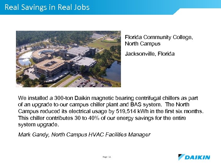 Real Savings in Real Jobs Florida Community College, North Campus Jacksonville, Florida We installed