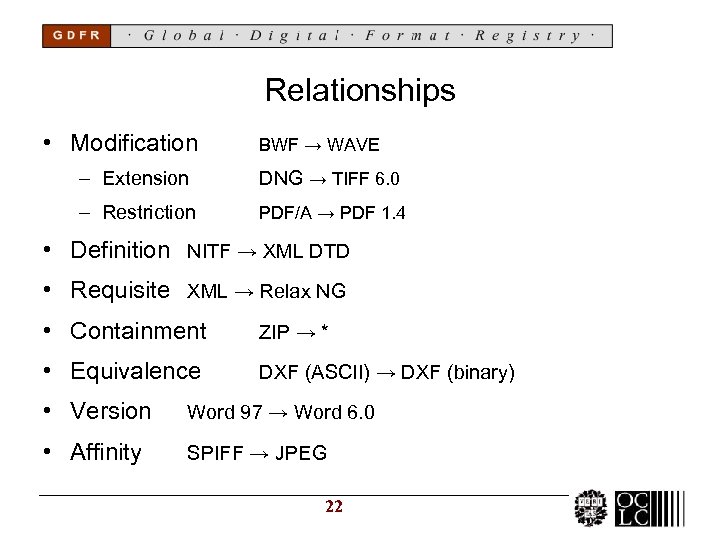 Relationships • Modification BWF → WAVE – Extension DNG → TIFF 6. 0 –