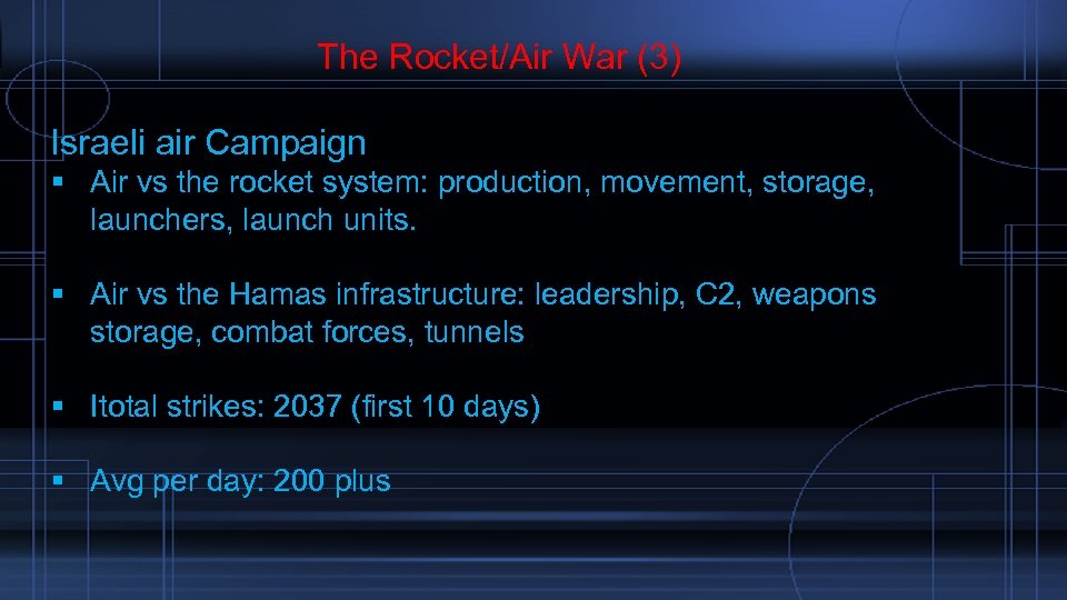  The Rocket/Air War (3) Israeli air Campaign Air vs the rocket system: production,