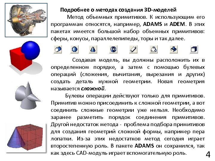 Подробнее о методах создания 3 D-моделей Метод объемных примитивов. К использующим его программам относятся,