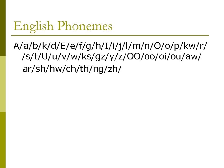 English Phonemes A/a/b/k/d/E/e/f/g/h/I/i/j/l/m/n/O/o/p/kw/r/ /s/t/U/u/v/w/ks/gz/y/z/OO/oo/oi/ou/aw/ ar/sh/hw/ch/th/ng/zh/ 