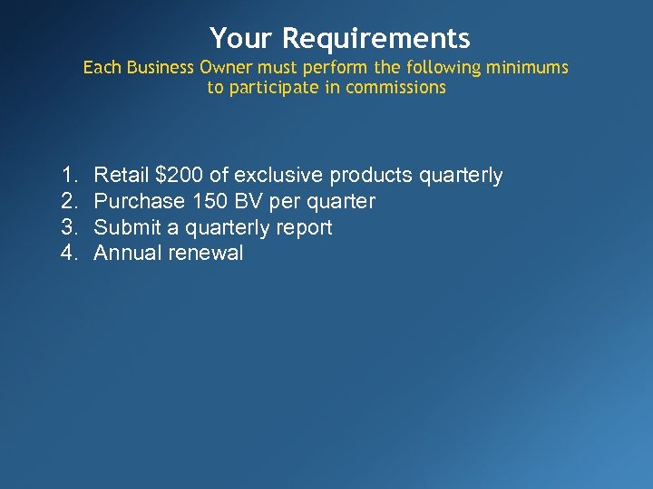 Your Requirements Each Business Owner must perform the following minimums to participate in commissions