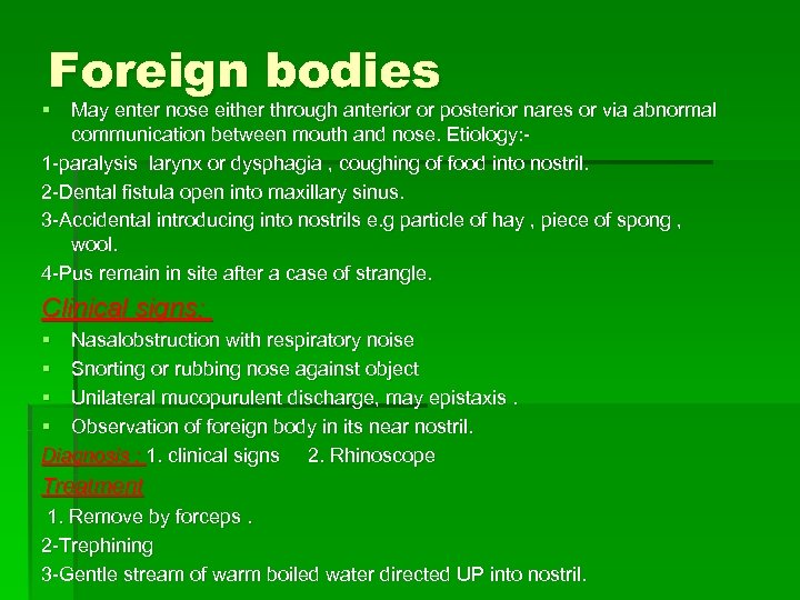 Foreign bodies § May enter nose either through anterior or posterior nares or via