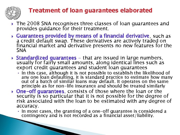 Treatment of loan guarantees elaborated The 2008 SNA recognises three classes of loan guarantees