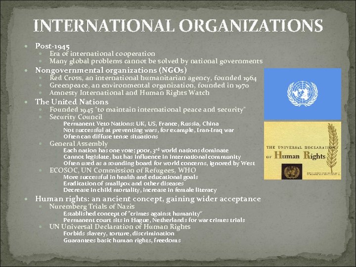 INTERNATIONAL ORGANIZATIONS Post-1945 Era of international cooperation Many global problems cannot be solved by