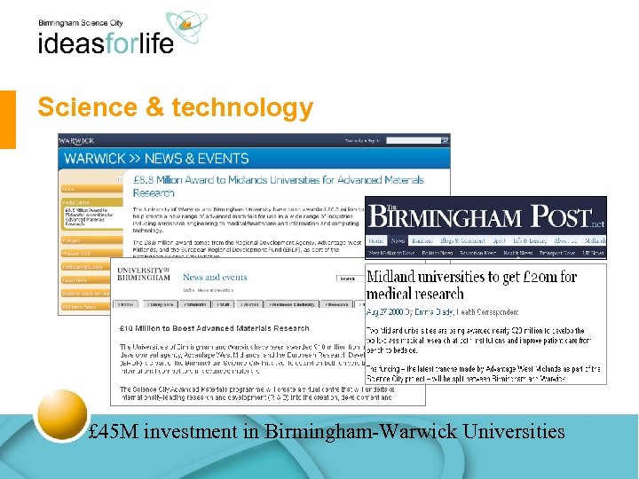 Science & technology £ 45 M investment in Birmingham-Warwick Universities 