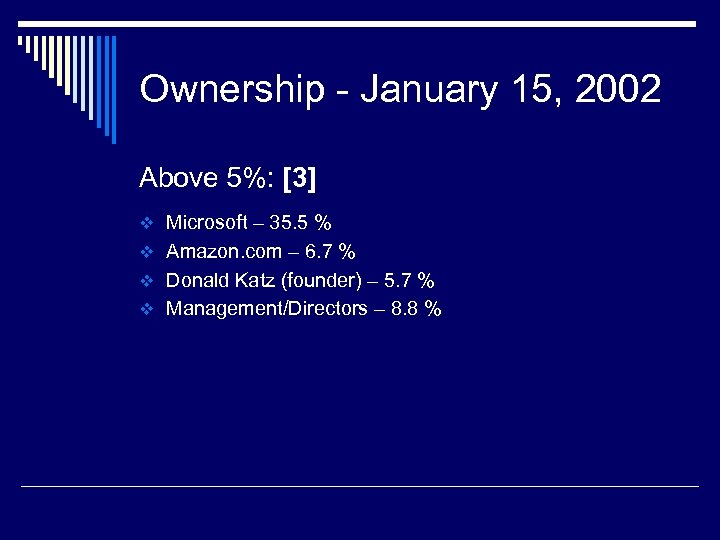 Ownership - January 15, 2002 Above 5%: [3] v Microsoft – 35. 5 %
