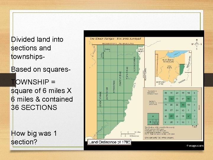 Divided land into sections and townships. Based on squares. TOWNSHIP = square of 6