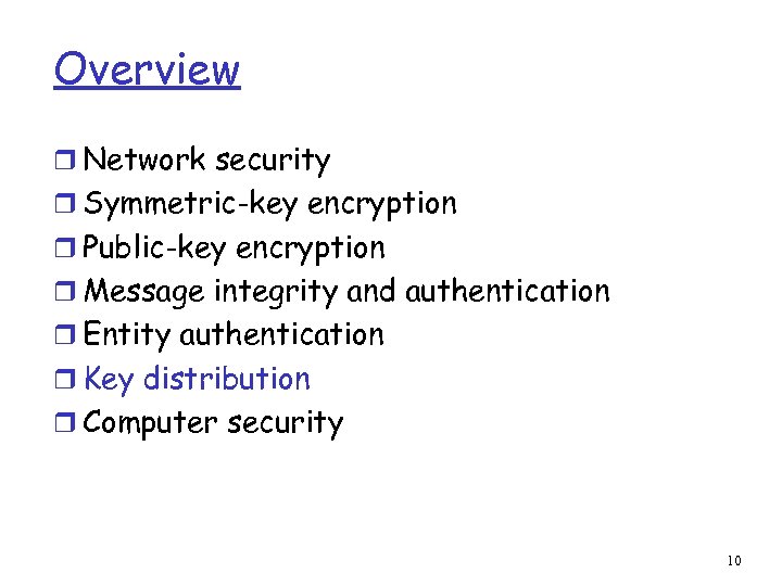 Overview r Network security r Symmetric-key encryption r Public-key encryption r Message integrity and