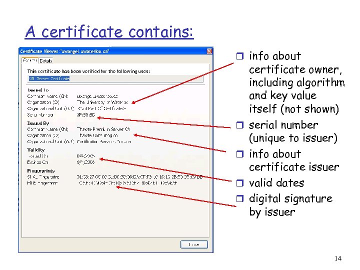 A certificate contains: r info about r r certificate owner, including algorithm and key