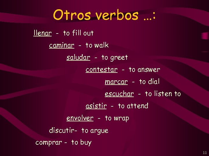 Otros verbos …: llenar - to fill out caminar - to walk saludar -