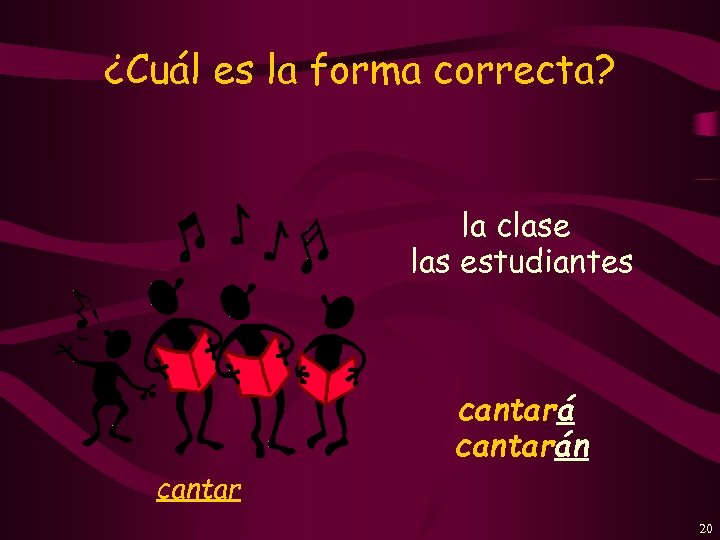 ¿Cuál es la forma correcta? la clase las estudiantes cantarán cantar 20 