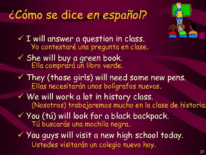 ¿Cómo se dice en español? ü I will answer a question in class. Yo