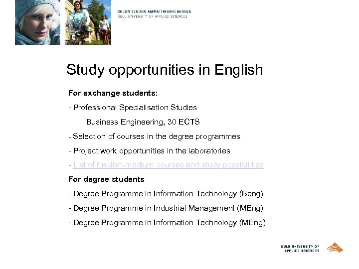 Study opportunities in English For exchange students: - Professional Specialisation Studies Business Engineering, 30
