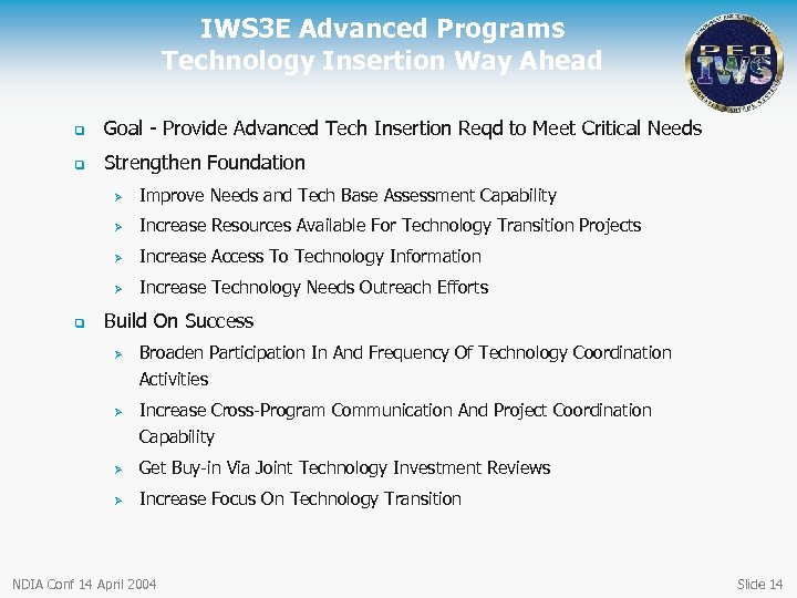 IWS 3 E Advanced Programs Technology Insertion Way Ahead q Goal - Provide Advanced