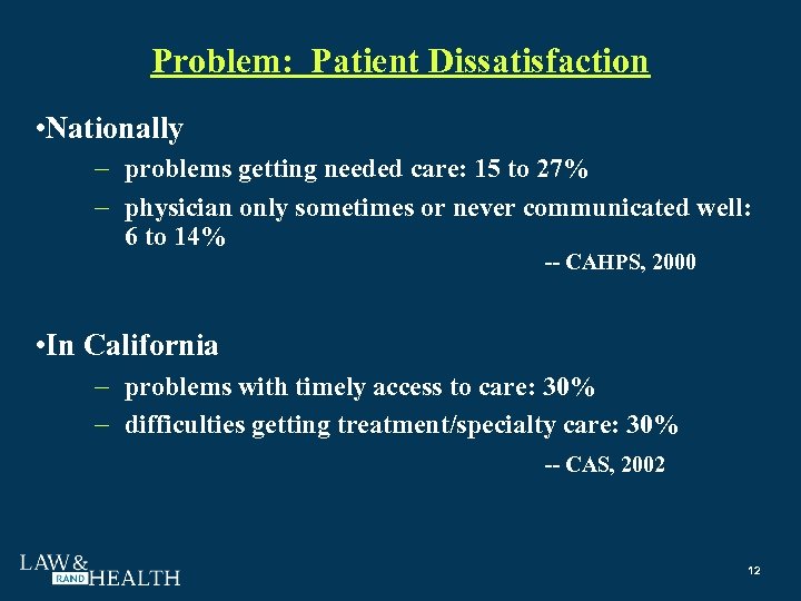 Problem: Patient Dissatisfaction • Nationally problems getting needed care: 15 to 27% physician only