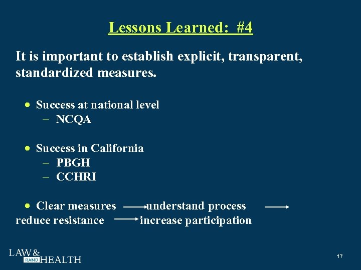 Lessons Learned: #4 It is important to establish explicit, transparent, standardized measures. Success at