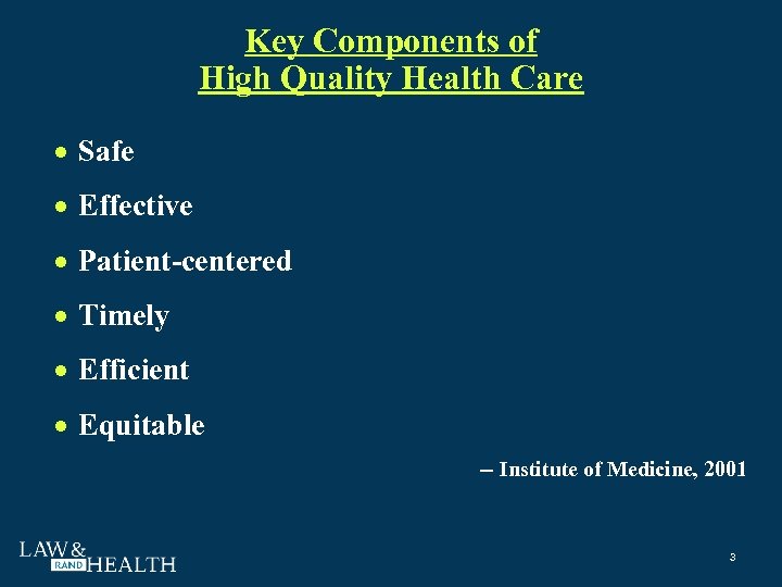 Key Components of High Quality Health Care Safe Effective Patient-centered Timely Efficient Equitable --