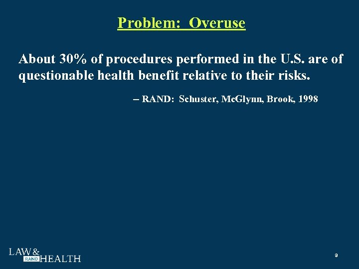 Problem: Overuse About 30% of procedures performed in the U. S. are of questionable