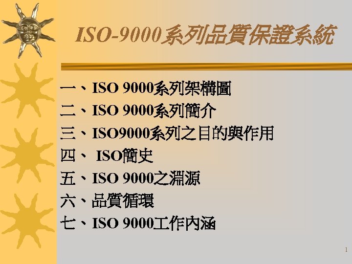 ISO-9000系列品質保證系統 一、ISO 9000系列架構圖 二、ISO 9000系列簡介 三、ISO 9000系列之目的與作用 四、 ISO簡史 五、ISO 9000之淵源 六、品質循環 七、ISO 9000