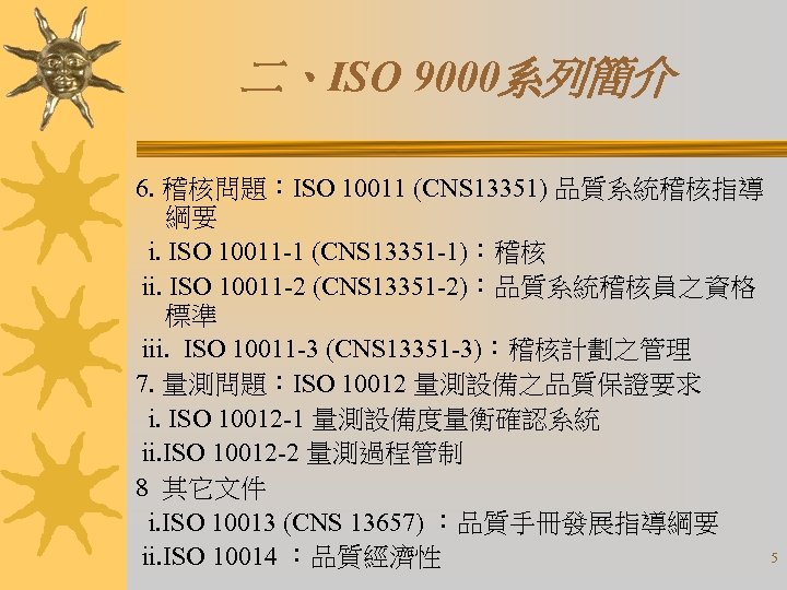 二、ISO 9000系列簡介 6. 稽核問題：ISO 10011 (CNS 13351) 品質系統稽核指導 綱要 i. ISO 10011 -1 (CNS