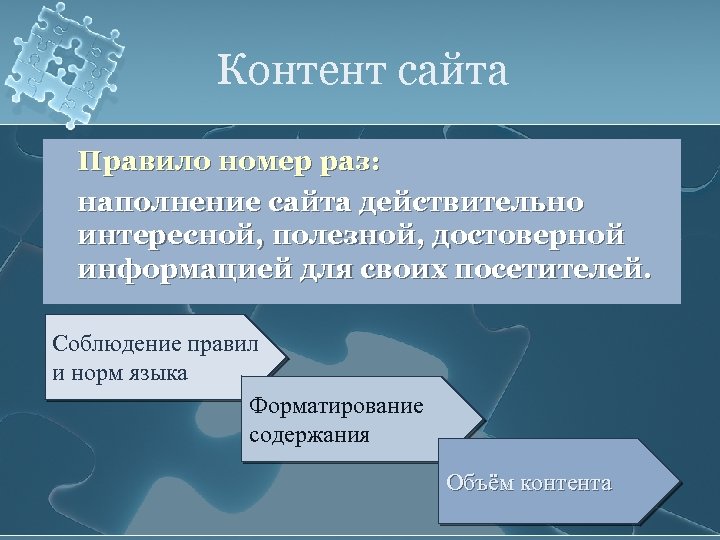 Контент сайта Правило номер раз: наполнение сайта действительно интересной, полезной, достоверной информацией для своих