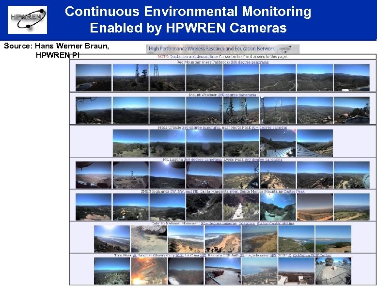 Continuous Environmental Monitoring Enabled by HPWREN Cameras Source: Hans Werner Braun, HPWREN PI 