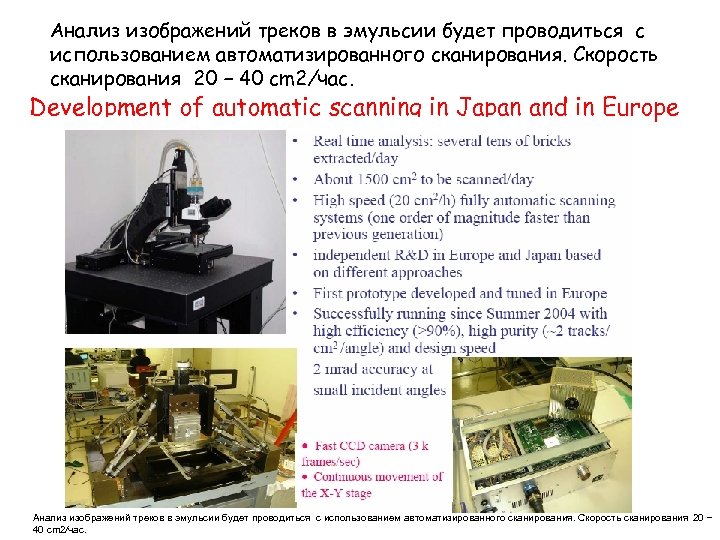 Анализ изображений треков в эмульсии будет проводиться с использованием автоматизированного сканирования. Скорость сканирования 20