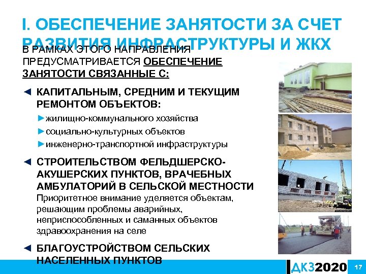 I. ОБЕСПЕЧЕНИЕ ЗАНЯТОСТИ ЗА СЧЕТ РАЗВИТИЯ ИНФРАСТРУКТУРЫ И ЖКХ В РАМКАХ ЭТОГО НАПРАВЛЕНИЯ ПРЕДУСМАТРИВАЕТСЯ