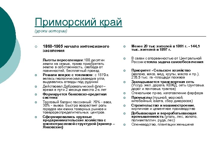 Приморский край (уроки истории) ¡ 1860 -1905 начало интенсивного заселения Льготы переселенцам: 100 десятин