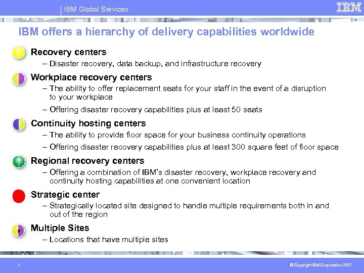 IBM Global Services IBM offers a hierarchy of delivery capabilities worldwide Recovery centers –