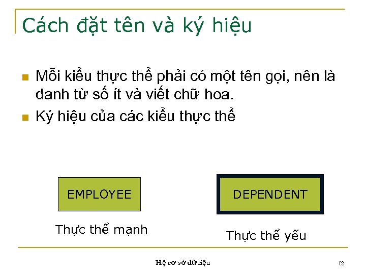 Cách đặt tên và ký hiệu n n Mỗi kiểu thực thể phải có