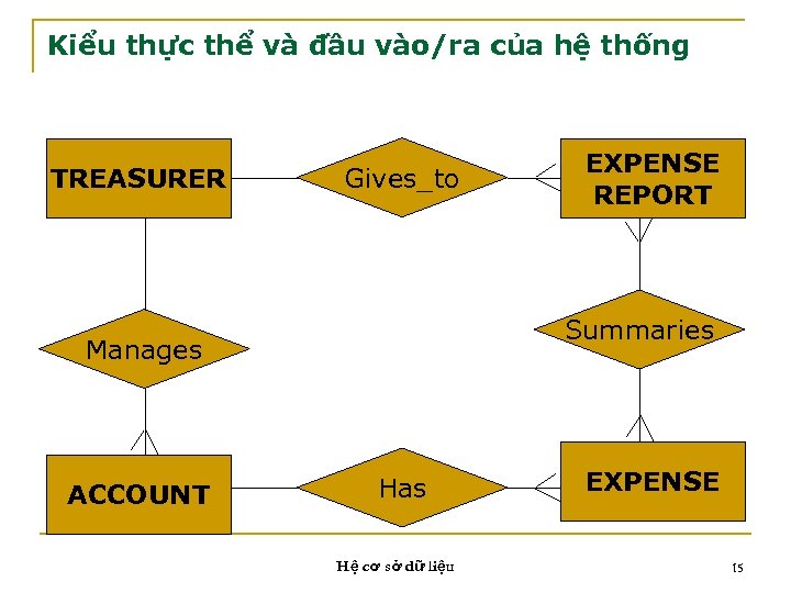 Kiểu thực thể và đầu vào/ra của hệ thống TREASURER Gives_to Summaries Manages ACCOUNT