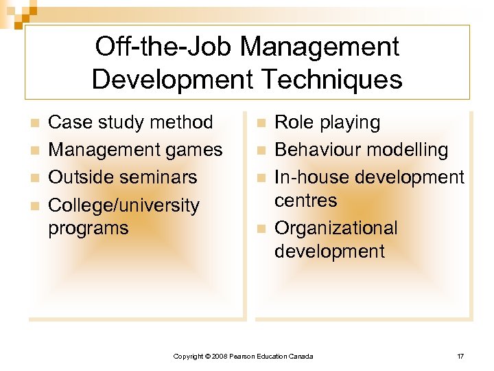 Off-the-Job Management Development Techniques n n Case study method Management games Outside seminars College/university