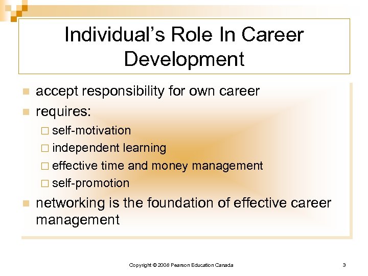 Individual’s Role In Career Development n n accept responsibility for own career requires: ¨