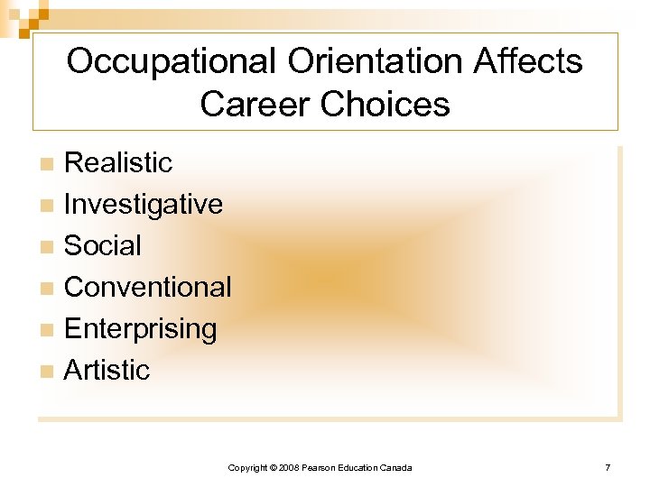 Occupational Orientation Affects Career Choices Realistic n Investigative n Social n Conventional n Enterprising
