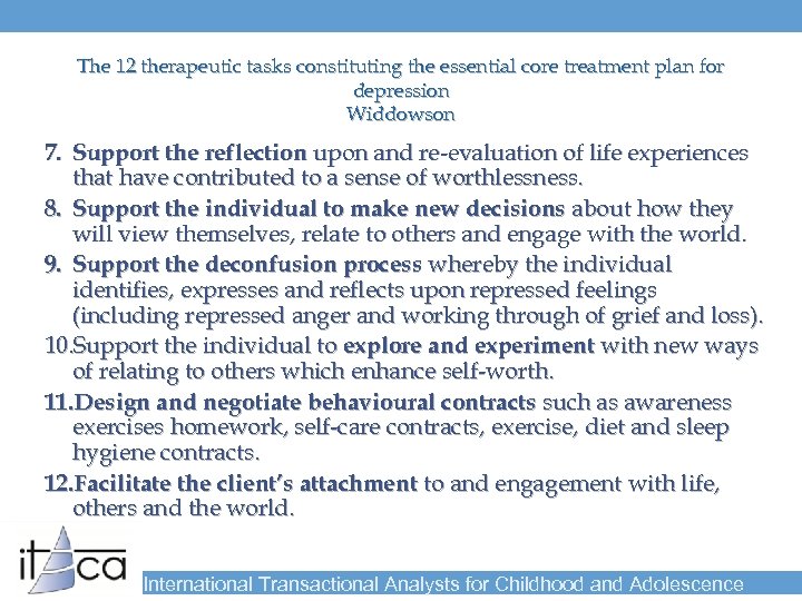 The 12 therapeutic tasks constituting the essential core treatment plan for depression Widdowson 7.