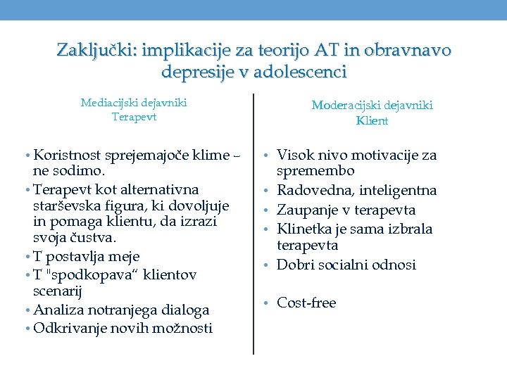 Zaključki: implikacije za teorijo AT in obravnavo depresije v adolescenci Mediacijski dejavniki Terapevt •