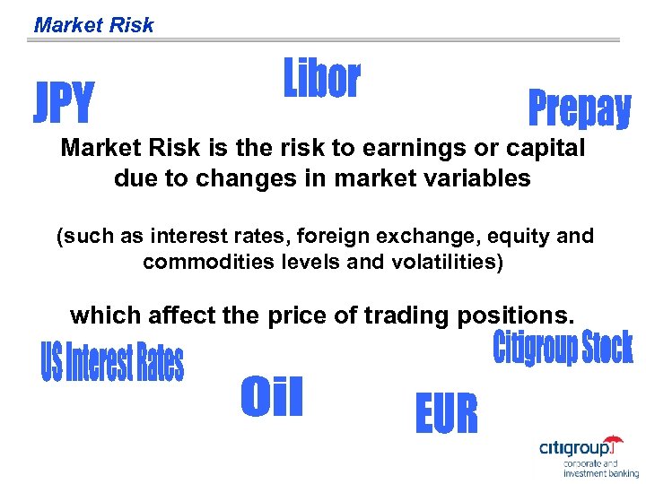 Market Risk is the risk to earnings or capital due to changes in market