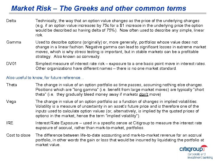 Market Risk – The Greeks and other common terms Delta Technically, the way that