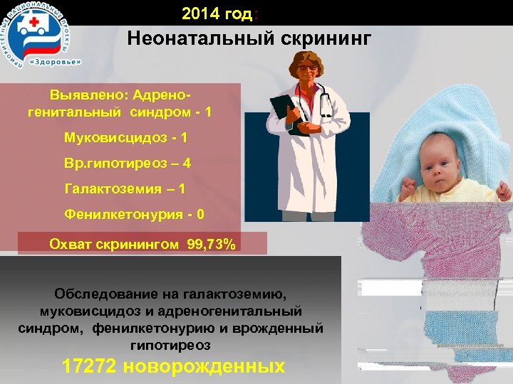 2014 год: Неонатальный скрининг Выявлено: Адреногенитальный синдром - 1 Муковисцидоз - 1 Вр. гипотиреоз