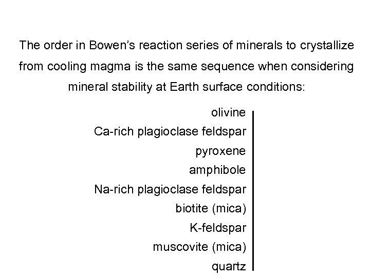 The order in Bowen’s reaction series of minerals to crystallize from cooling magma is