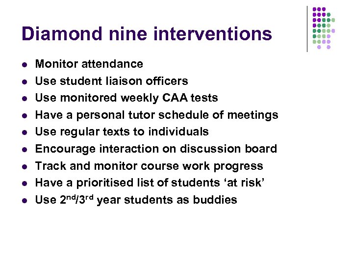 Diamond nine interventions l l l l l Monitor attendance Use student liaison officers