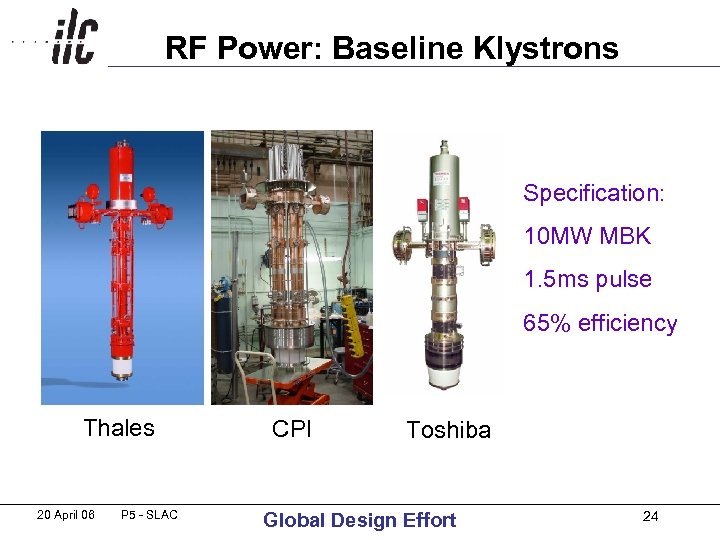 RF Power: Baseline Klystrons Specification: 10 MW MBK 1. 5 ms pulse 65% efficiency