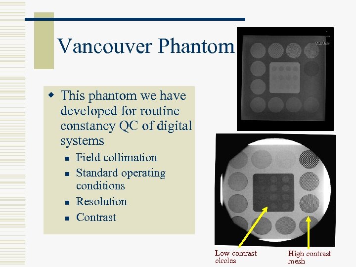 Vancouver Phantom w This phantom we have developed for routine constancy QC of digital