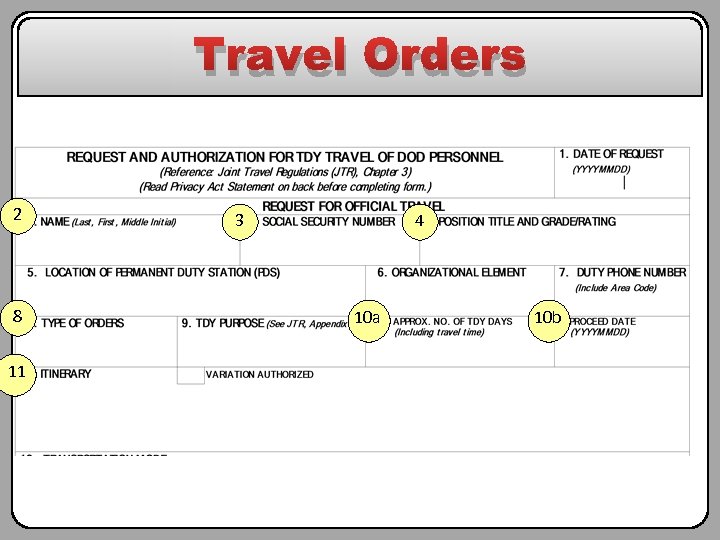 Travel Orders 2 8 11 3 4 10 a 10 b 