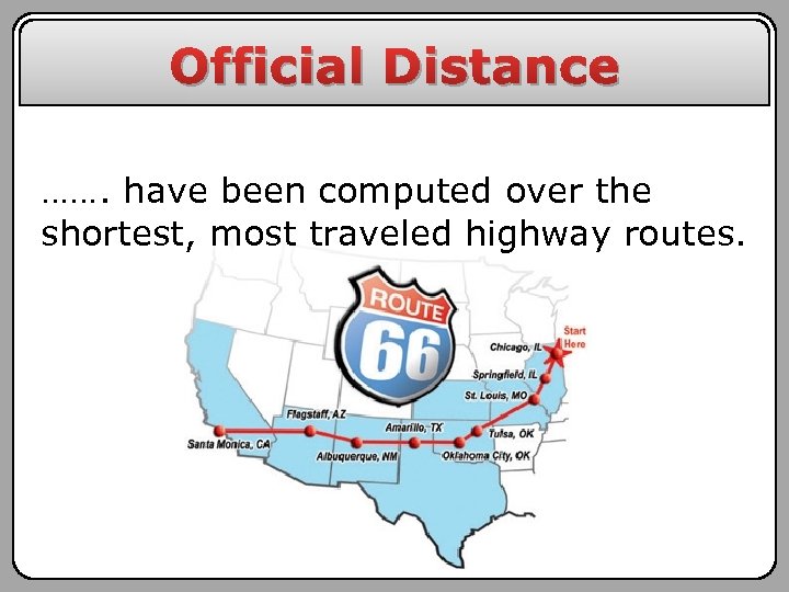 Official Distance ……. have been computed over the shortest, most traveled highway routes. 