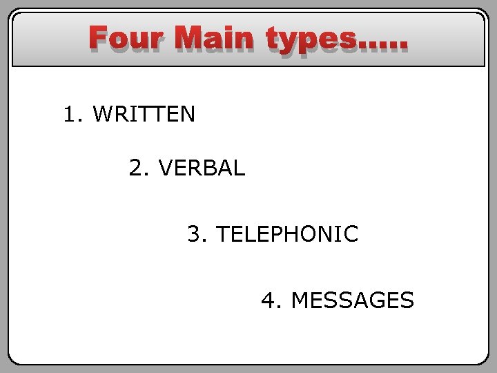 Four Main types…. . 1. WRITTEN 2. VERBAL 3. TELEPHONIC 4. MESSAGES 
