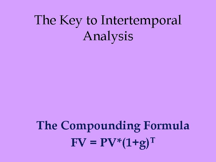 The Key to Intertemporal Analysis The Compounding Formula FV = PV*(1+g)T 